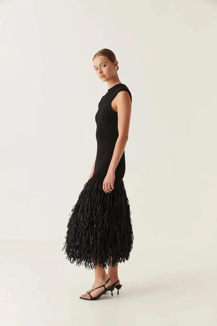 Women's Cocktail Sleeveless Fringe Midi Dress