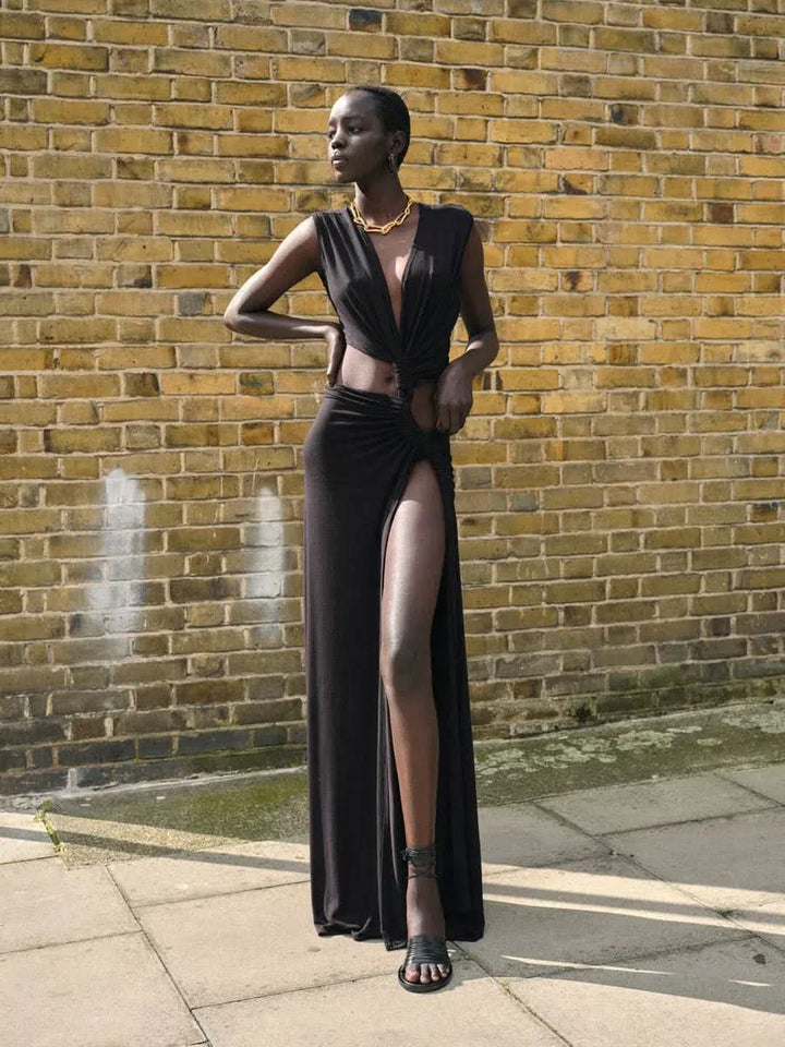 Women's Wedding Guest Cutout V Neck Slit Maxi Dress