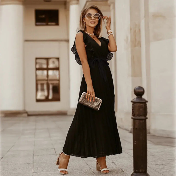Women's Wedding Guest Pleated V Neck Maxi Dress