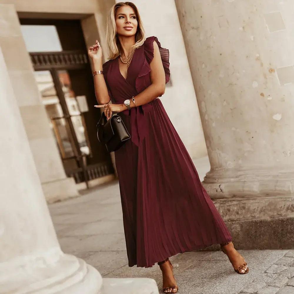 Women's Wedding Guest Pleated V Neck Maxi Dress