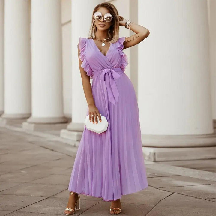 Women's Wedding Guest Pleated V Neck Maxi Dress