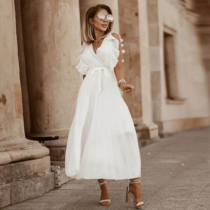 Women's Wedding Guest Pleated V Neck Maxi Dress