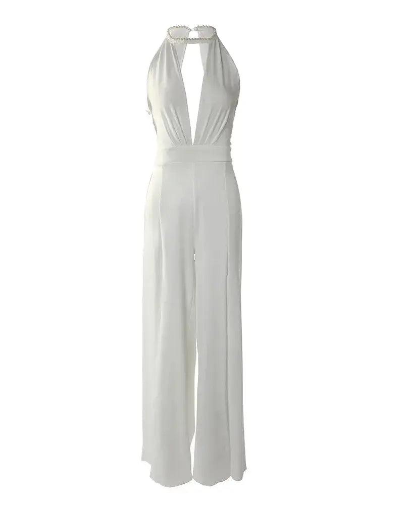 Women's Wedding Guest Halter V Neck Wide Leg Jumpsuit