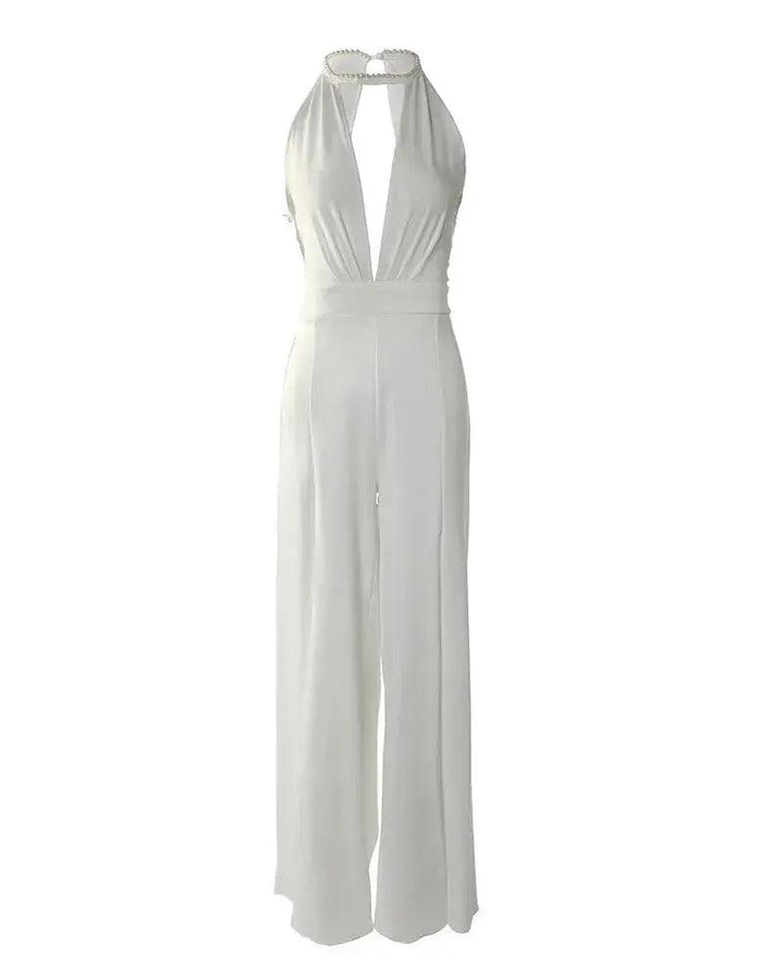 Women's Wedding Guest Halter V Neck Wide Leg Jumpsuit