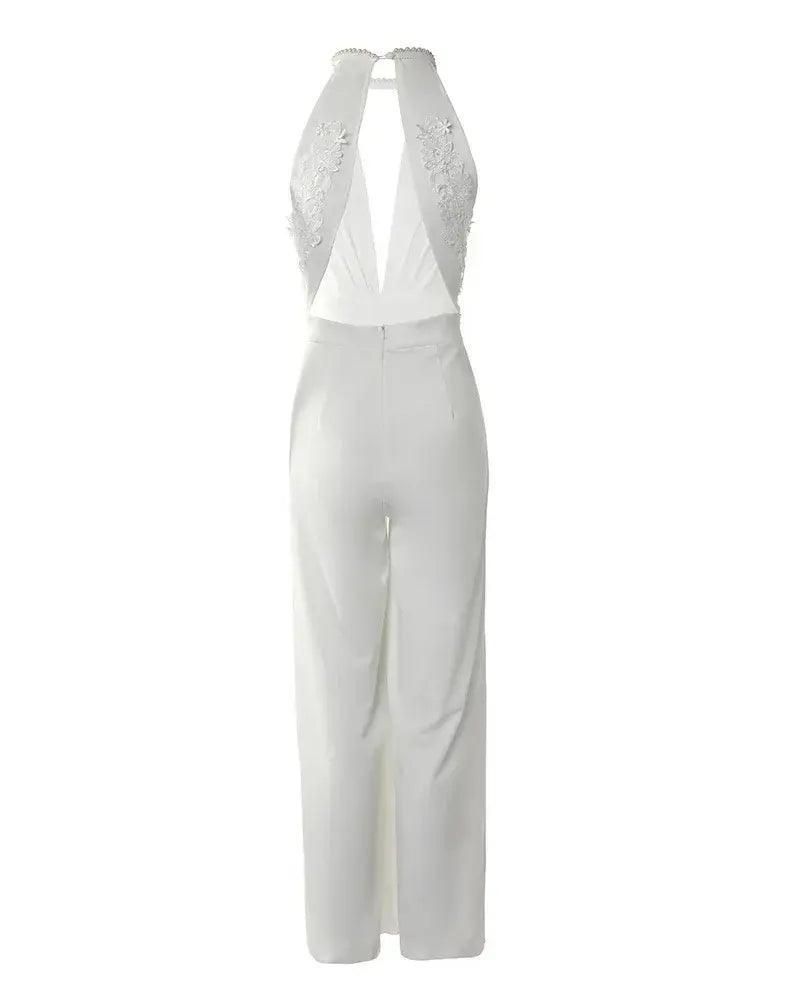 Women's Wedding Guest Halter V Neck Wide Leg Jumpsuit