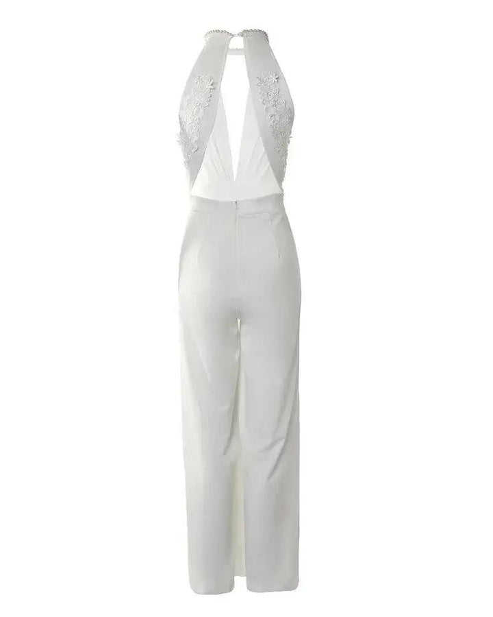 Women's Wedding Guest Halter V Neck Wide Leg Jumpsuit