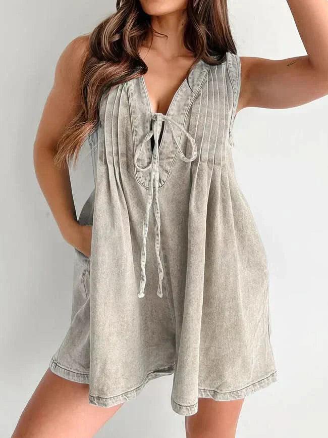 Women's Summer V Neck Sleeveless Denim Romper With Pockets