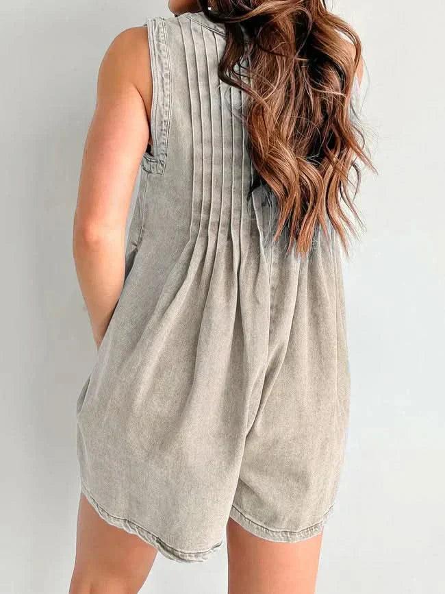 Women's Summer V Neck Sleeveless Denim Romper With Pockets