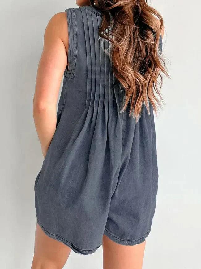 Women's Summer V Neck Sleeveless Denim Romper With Pockets