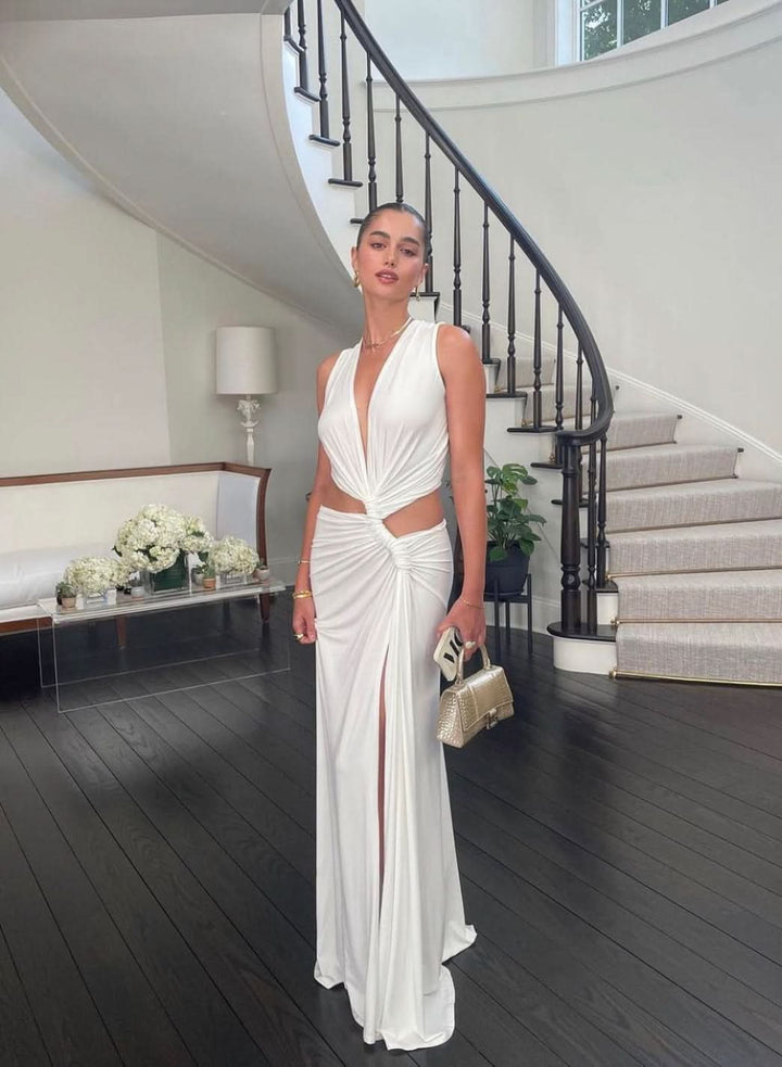 Women's Wedding Guest Cutout V Neck Slit Maxi Dress