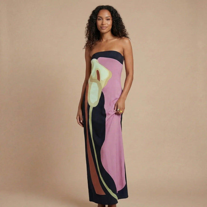 Women's Wedding Guest Strapless Abstract Maxi Dress