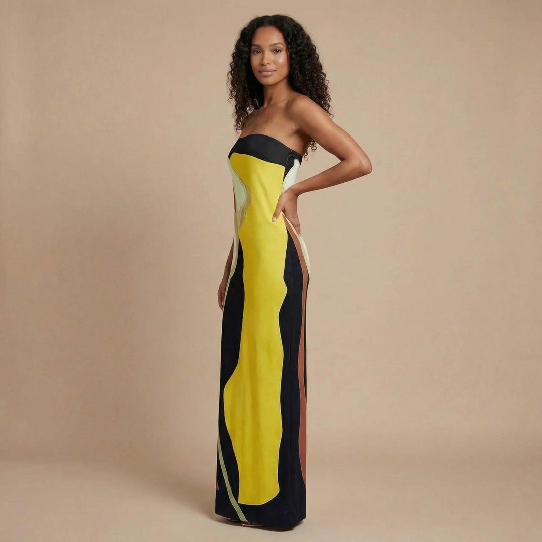 Women's Wedding Guest Strapless Abstract Maxi Dress