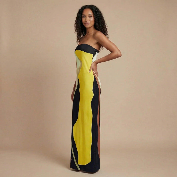 Women's Wedding Guest Strapless Abstract Maxi Dress