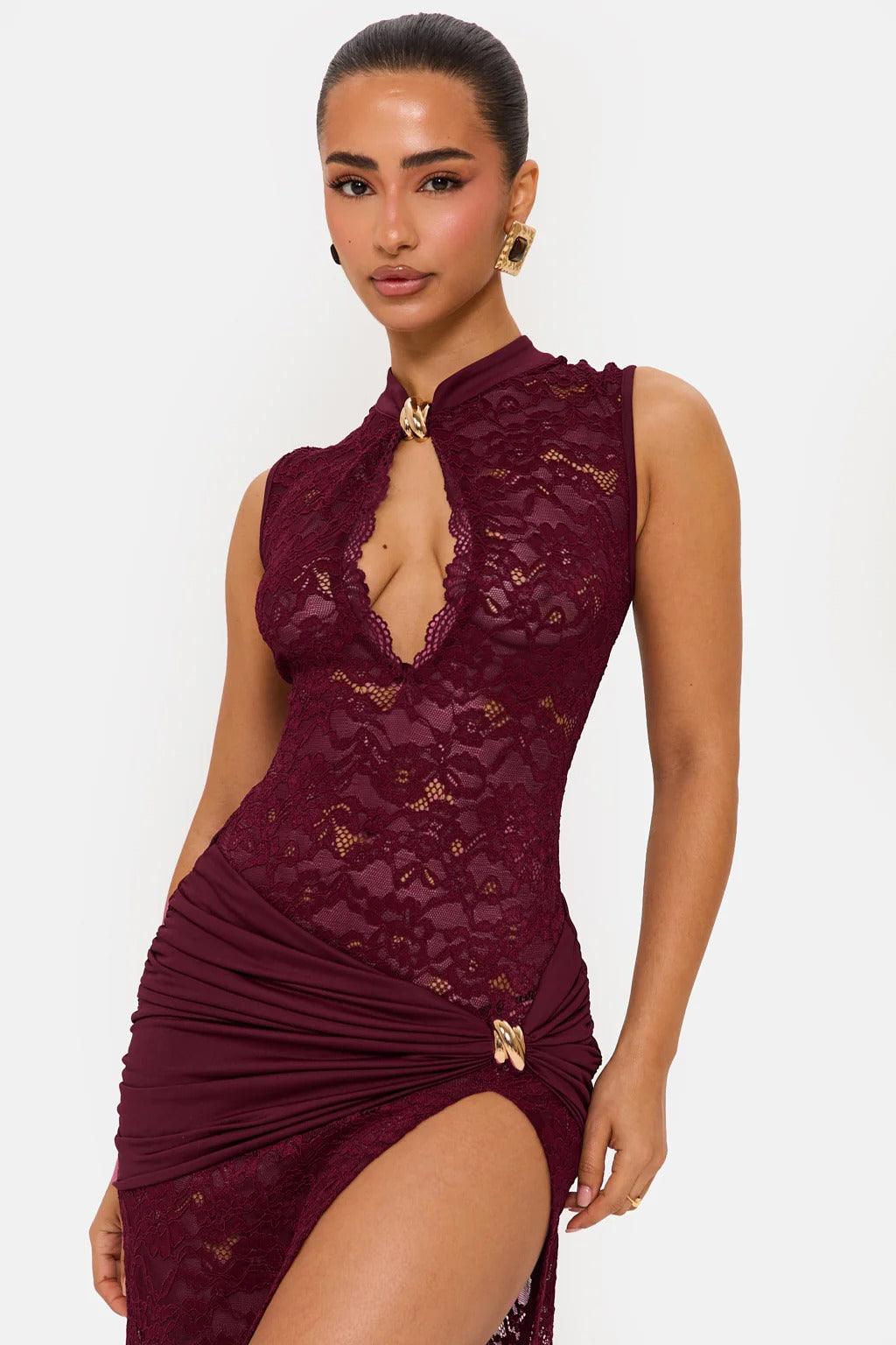 Women's Cocktail Floral Lace Maxi Dress With High Slit