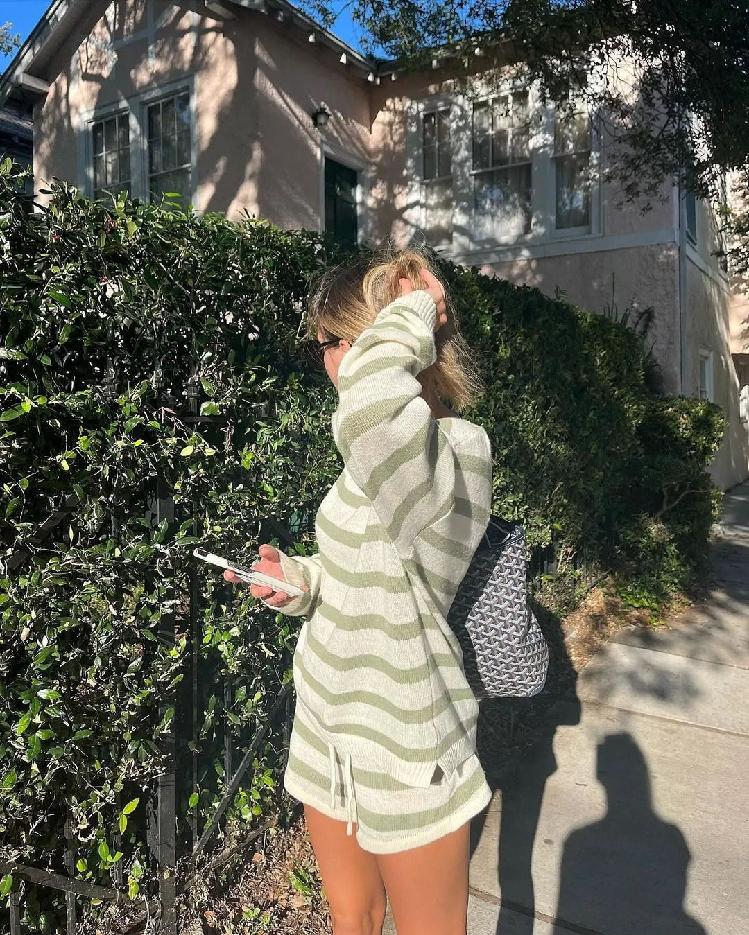 Women's Striped Long Sleeve Knit Sweater Short Set