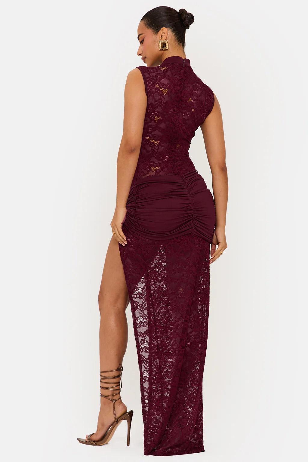 Women's Cocktail Floral Lace Maxi Dress With High Slit