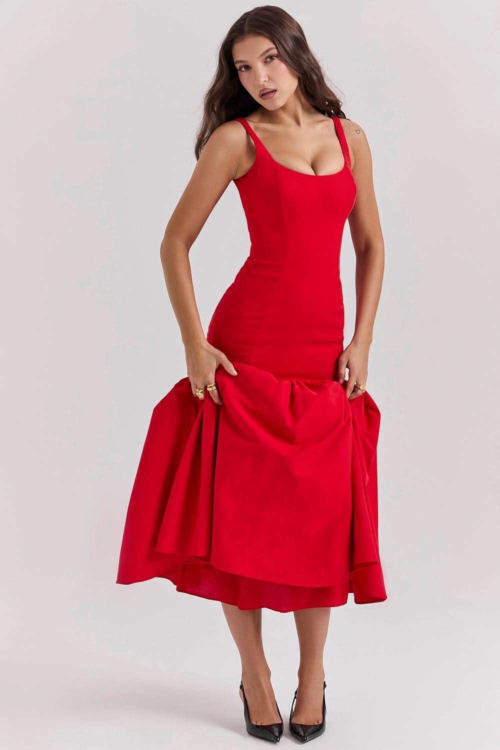 Women's Cocktail Dropped Waist Midi Dress Square Neck
