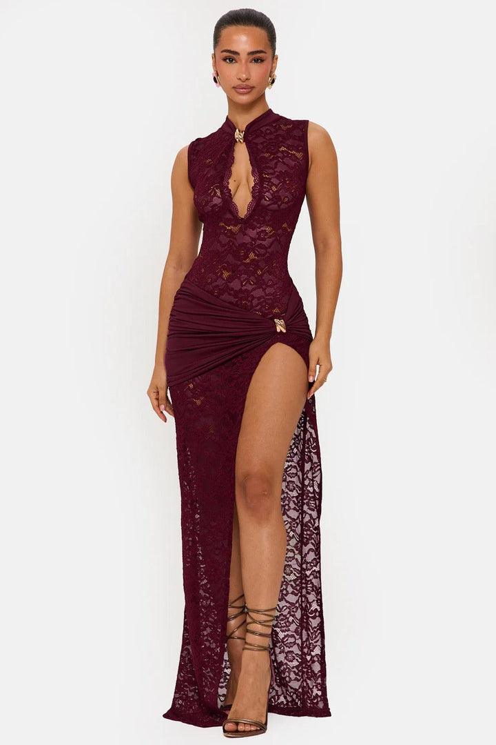 Women's Cocktail Floral Lace Maxi Dress With High Slit
