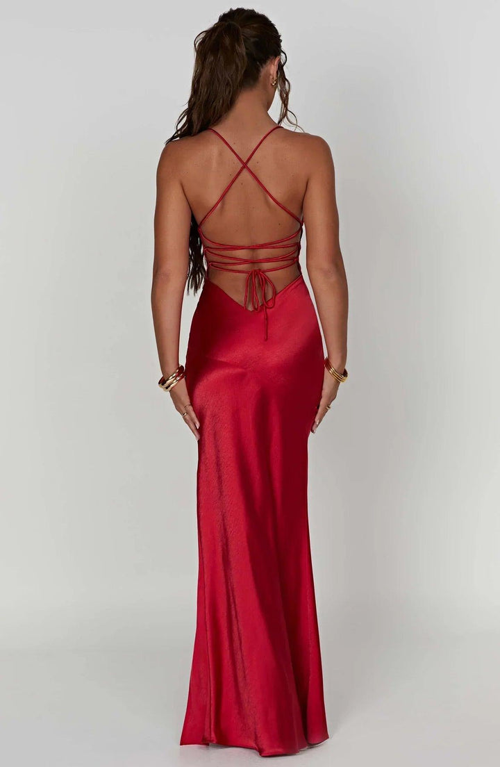 Women's Cocktail Satin V Neck Maxi Dress With Slit