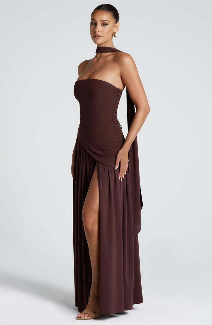 Women's Wedding Guest Strapless Maxi Dress With Scarf