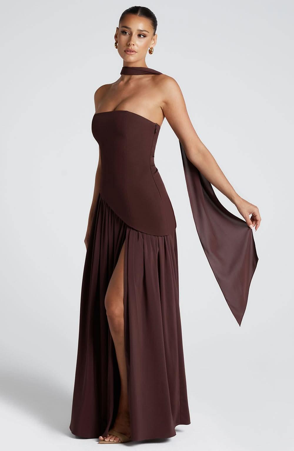 Women's Wedding Guest Strapless Maxi Dress With Scarf