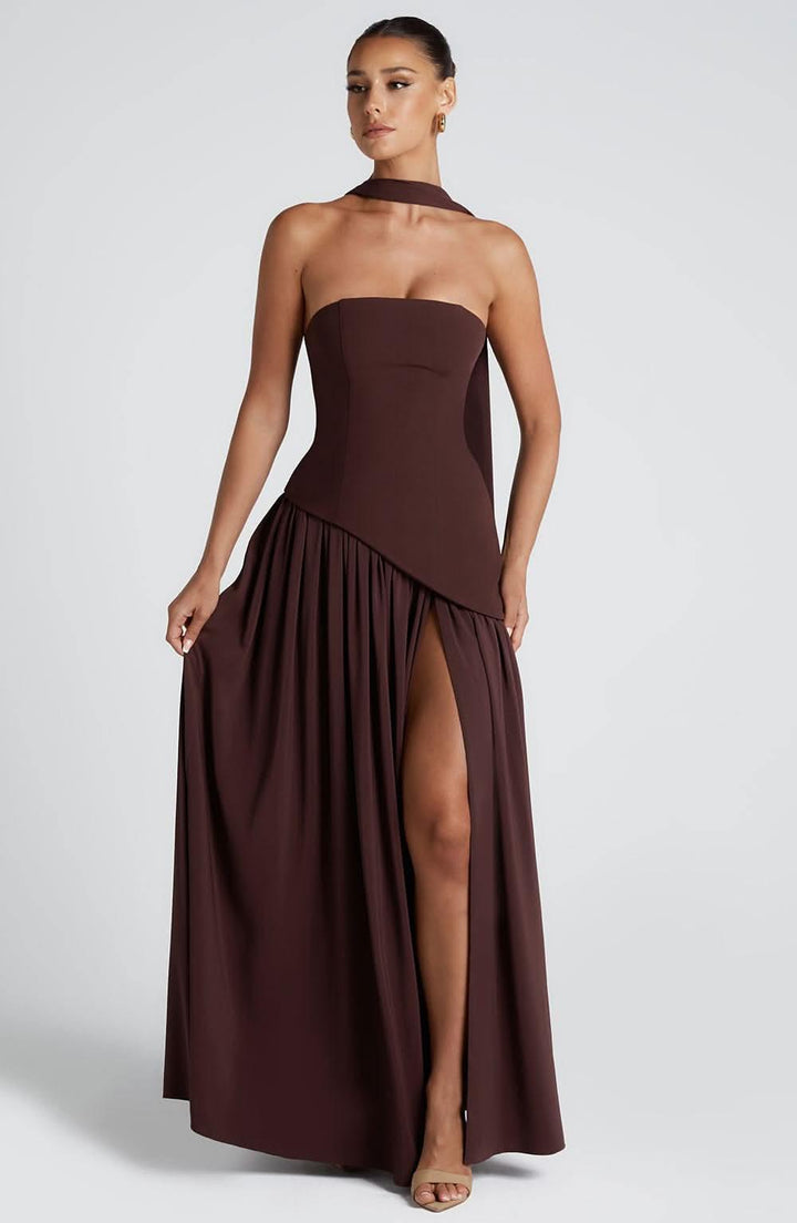 Women's Wedding Guest Strapless Maxi Dress With Scarf