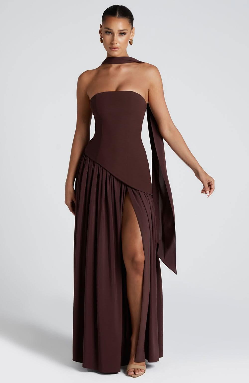 Women's Wedding Guest Strapless Maxi Dress With Scarf