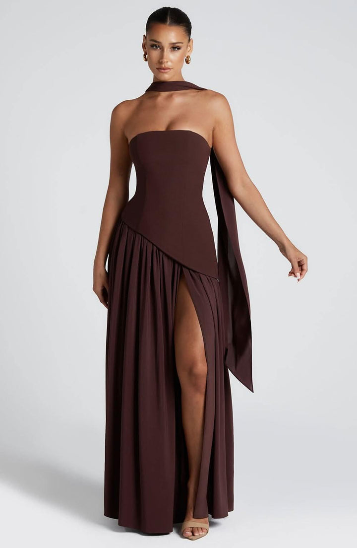 Women's Wedding Guest Strapless Maxi Dress With Scarf