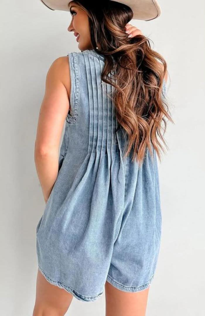Women's Summer V Neck Sleeveless Denim Romper With Pockets