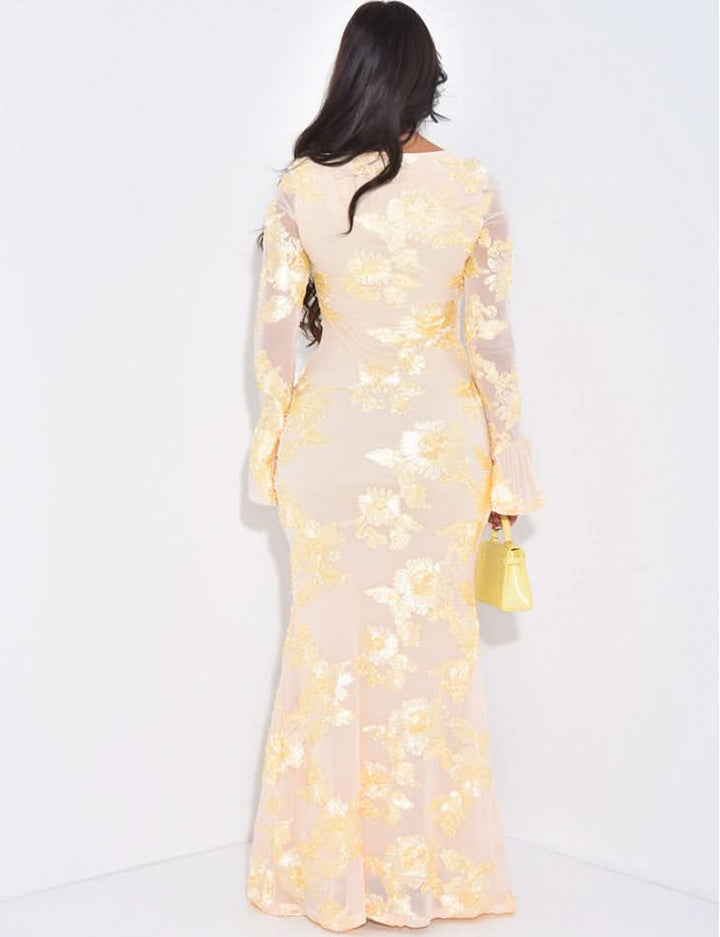 Women's Wedding Guest Floral Long Sleeve Maxi Dress