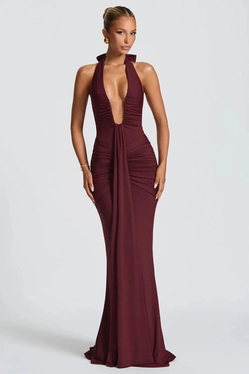 Women's Cocktail Halter Plunge Ruched Maxi Dress