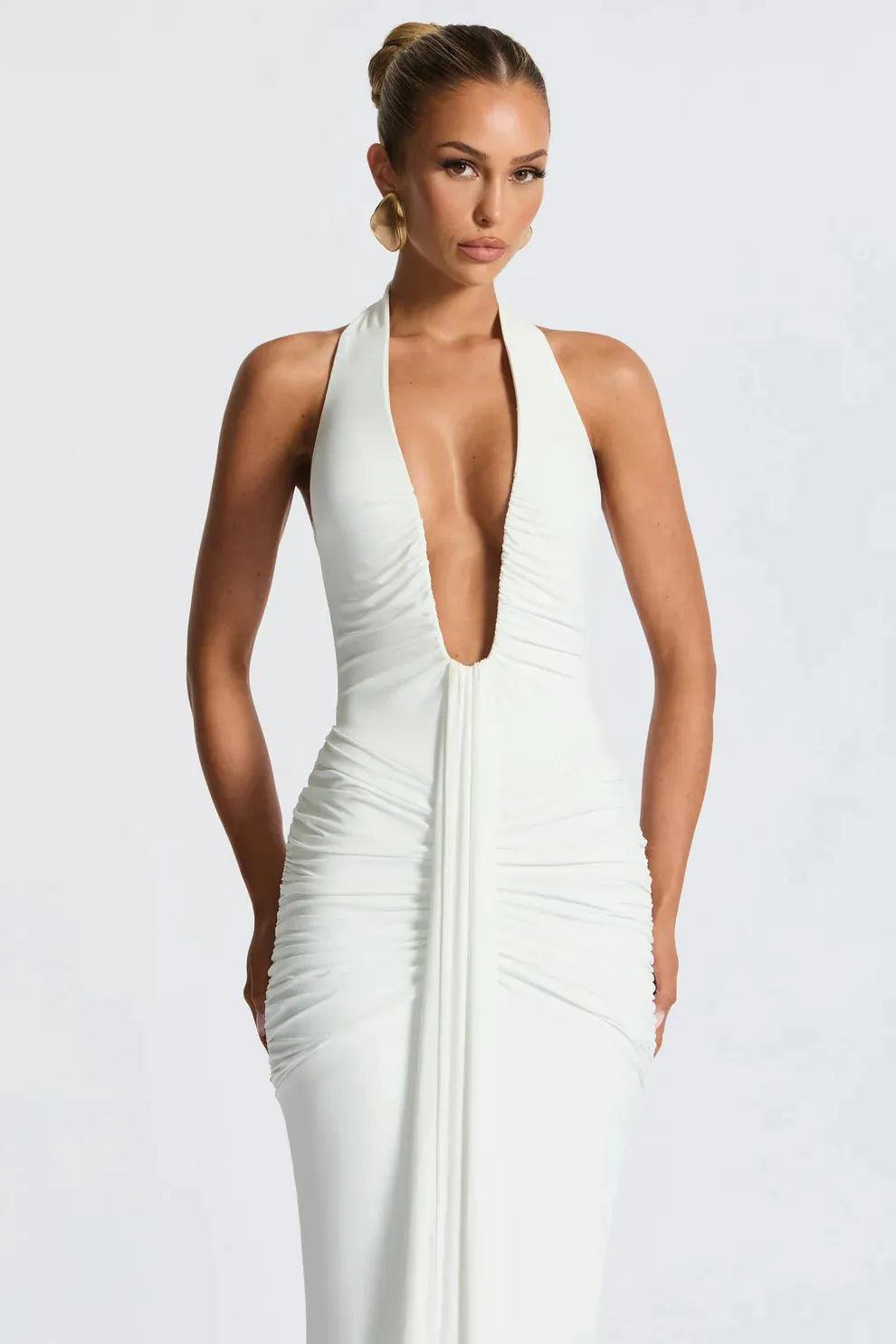 Women's Cocktail Halter Plunge Ruched Maxi Dress