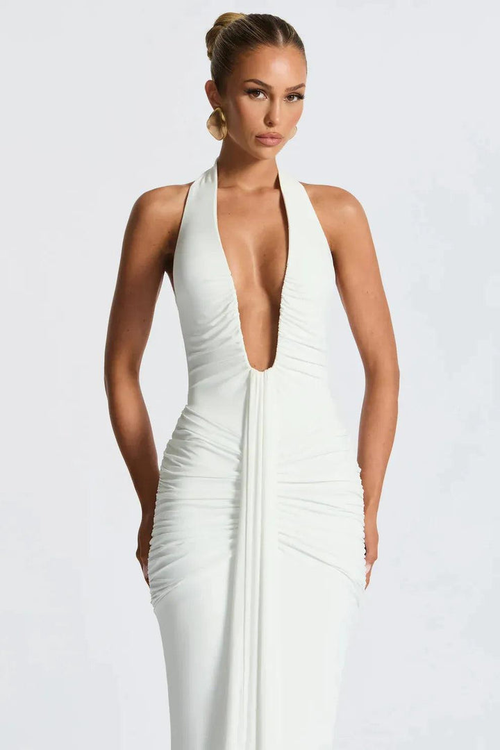 Women's Cocktail Halter Plunge Ruched Maxi Dress