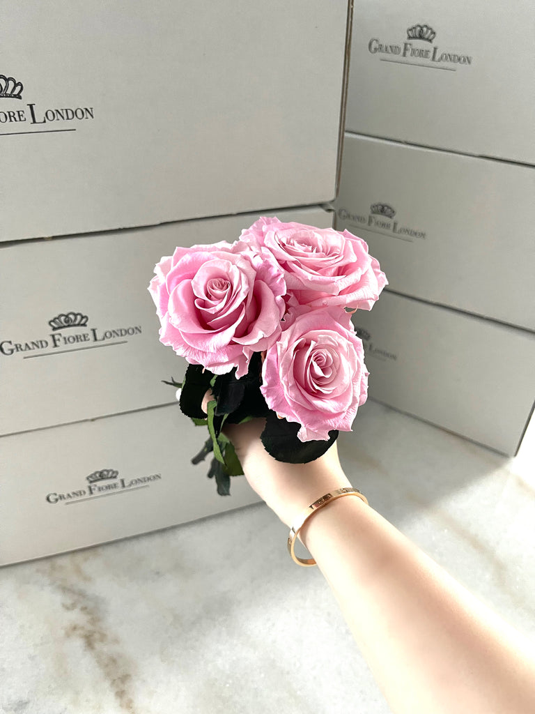 A bouquet of pink preserved eternity roses, showcasing their soft, vibrant color and long-lasting beauty.